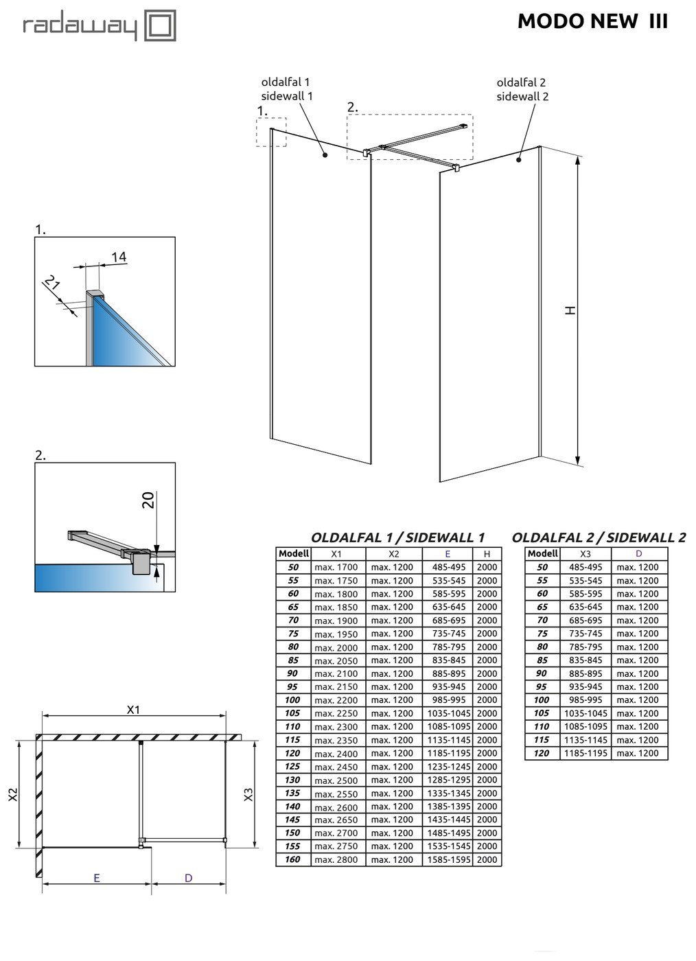 Radaway Modo New Black III Walk-in fekete zuhanyfal – műszaki rajz (Modo New III)