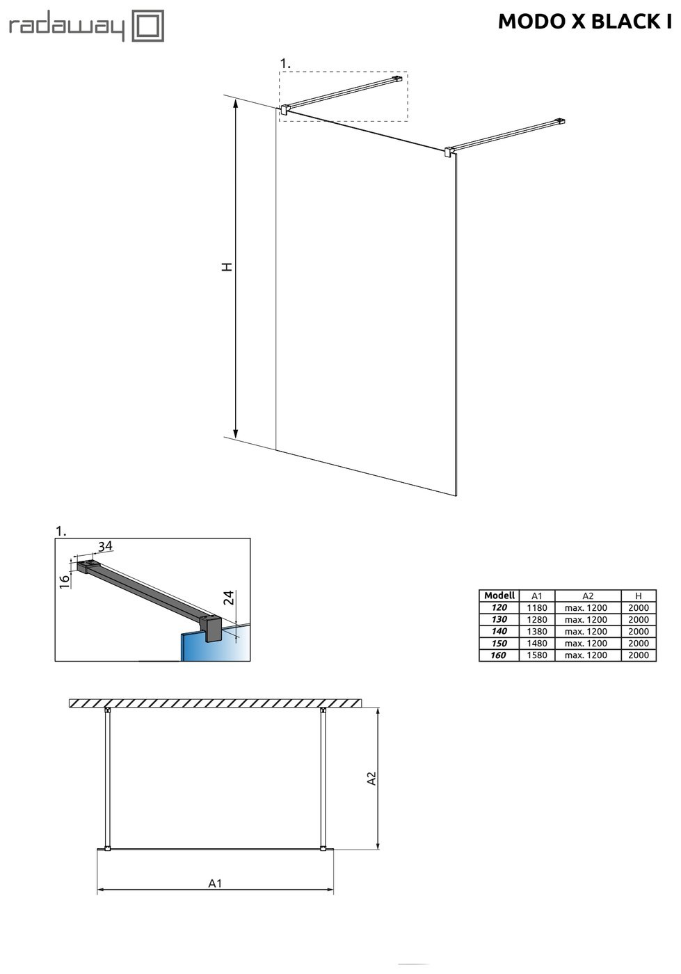 Radaway Modo X Black I Walk-in fekete zuhanyfal – műszaki rajz (Modo X Black I)