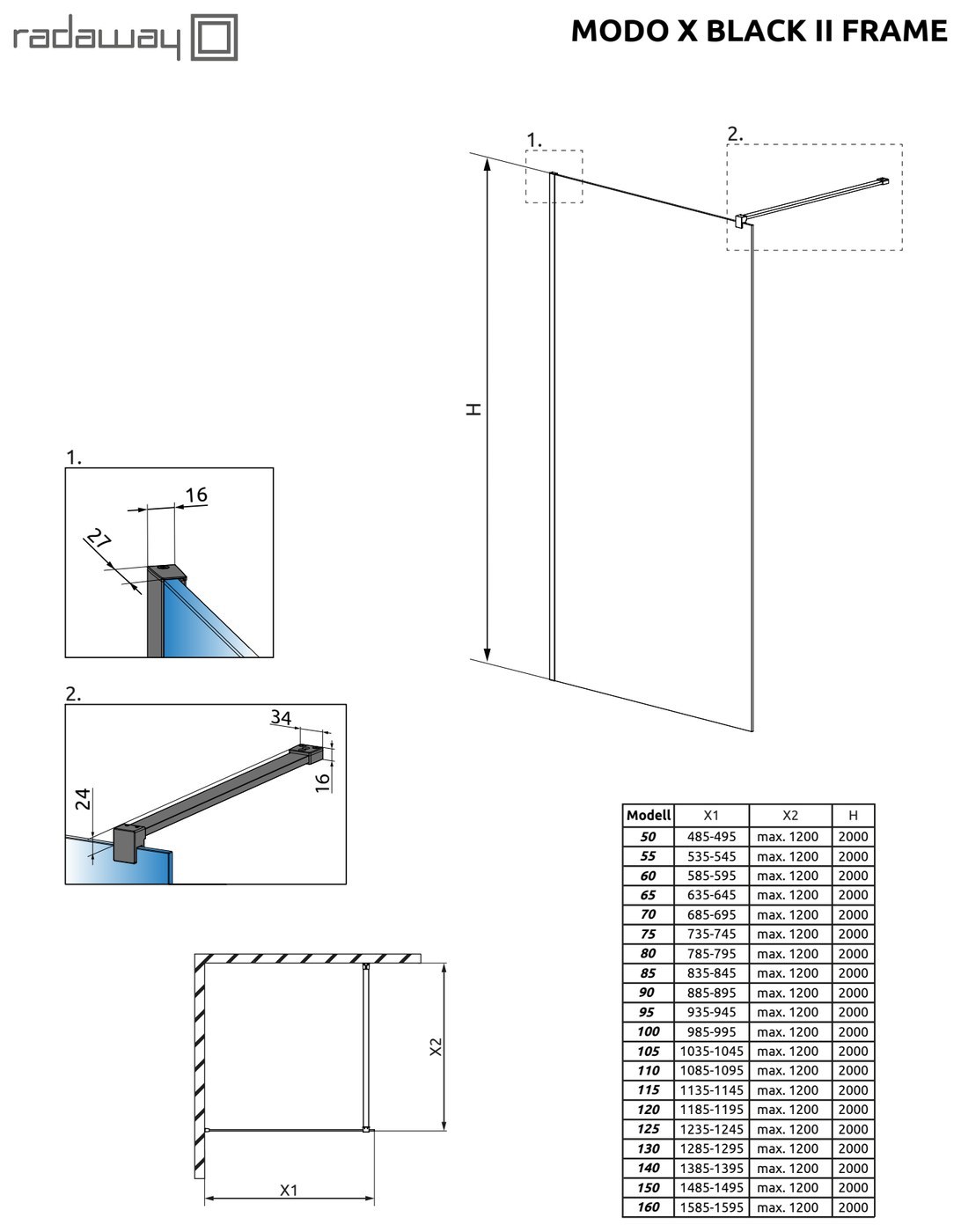 Radaway Modo X Black II Frame Walk-in fekete zuhanyfal – műszaki rajz (Modo X Black II Frame)