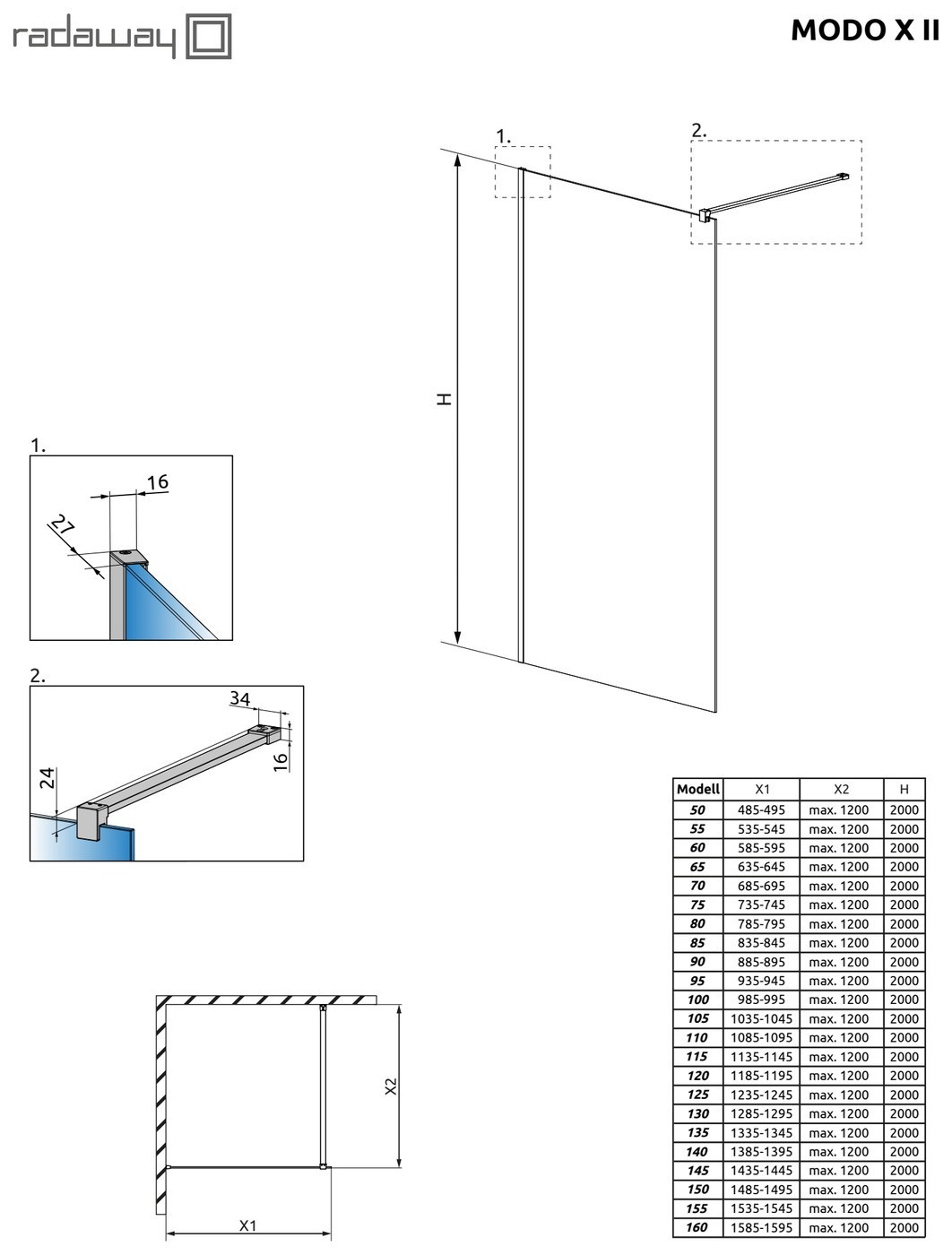 Radaway Modo X Black II Walk-in fekete zuhanyfal – műszaki rajz (Modo X II)