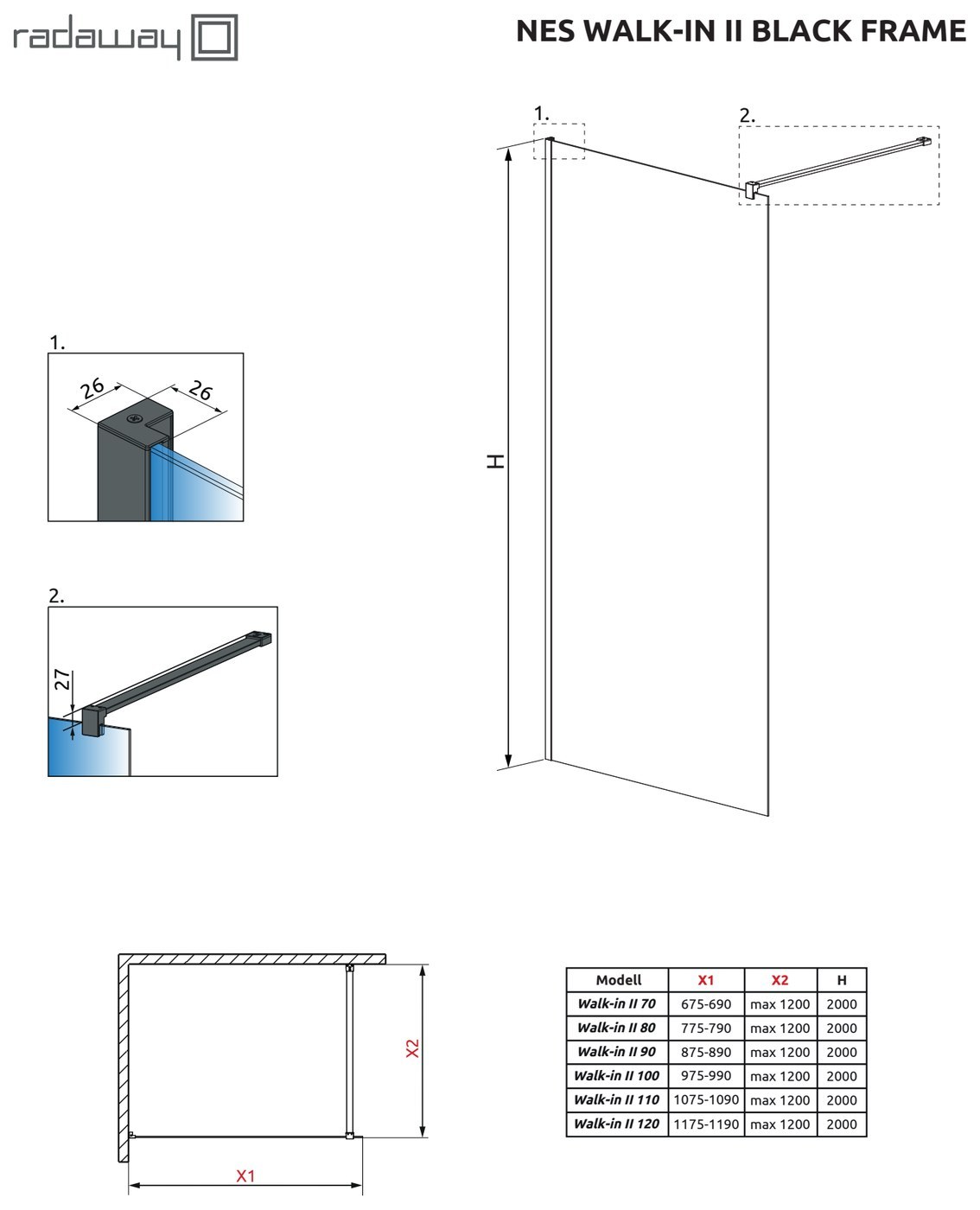 Radaway Nes Black Walk-in II Frame fekete zuhanyfal – műszaki rajz (Nes Black Walk-in II Frame)