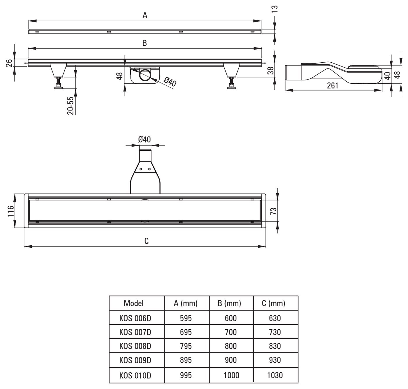 Deante 800 2in1 zuhanyfolyóka, Steel/burkolható – műszaki rajz