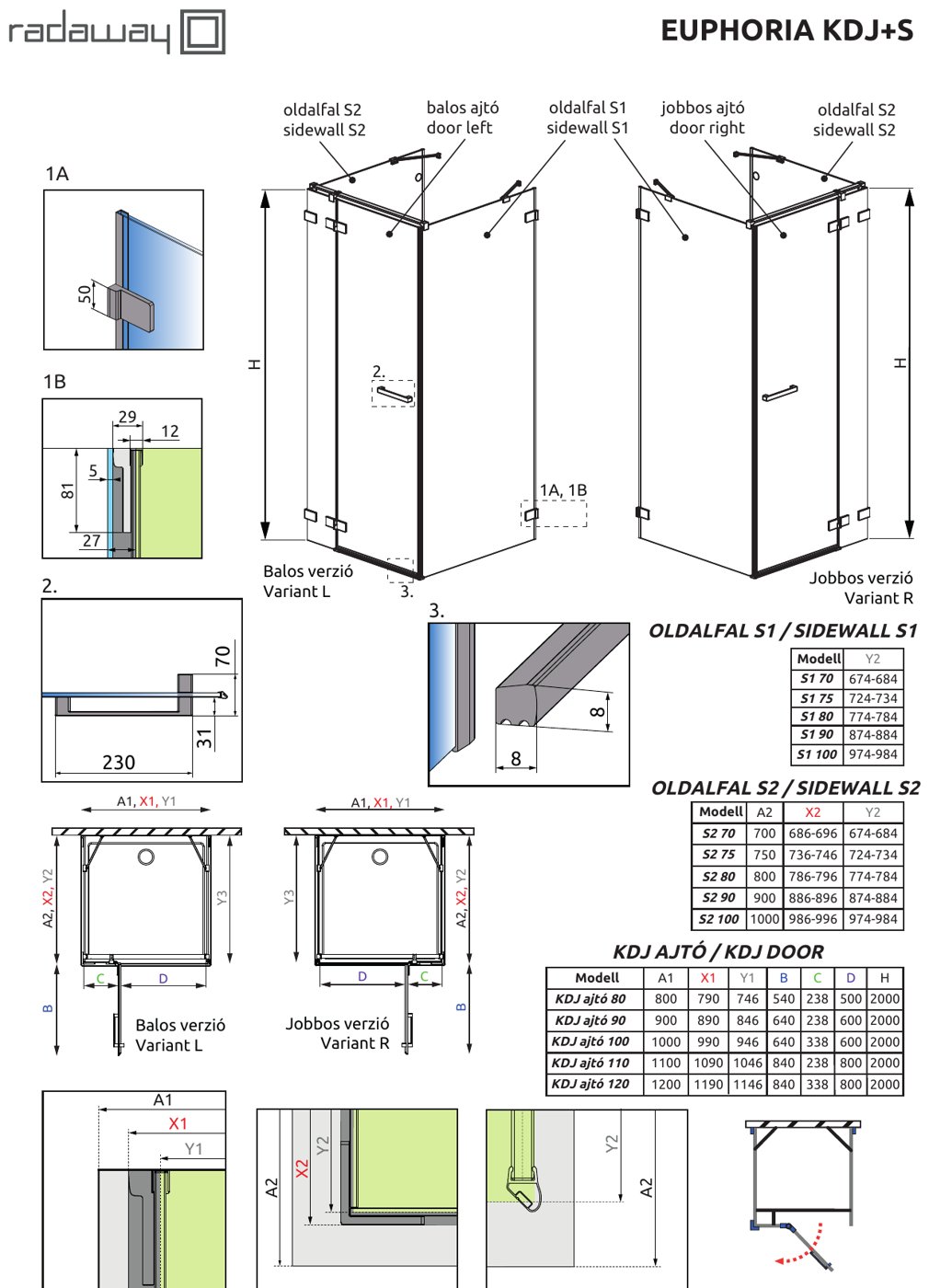 Radaway Euphoria KDJ+S szögletes zuhanykabin - műszaki rajz