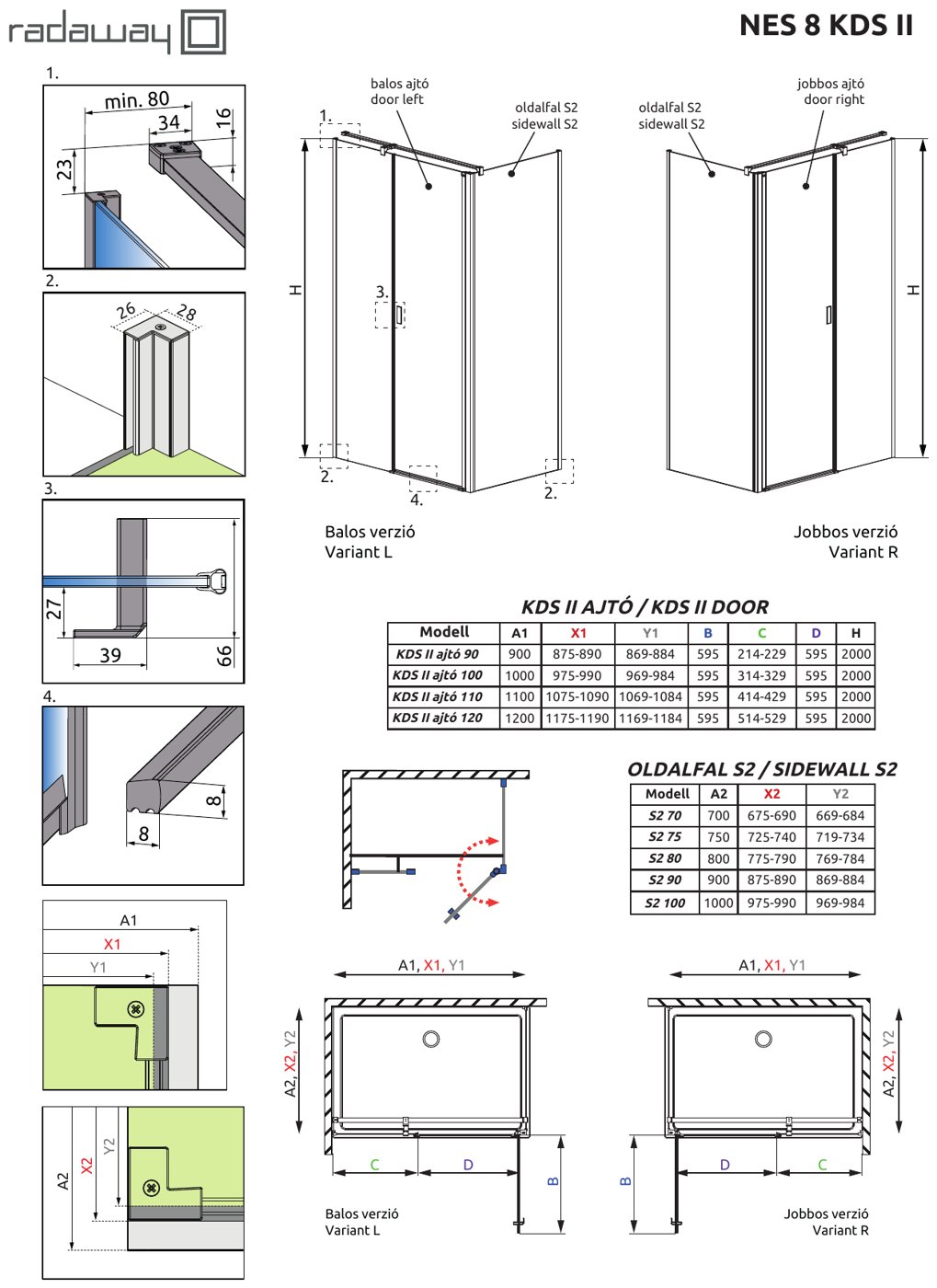 Radaway Nes 8 Black KDS II szögletes fekete zuhanykabin - műszaki rajz