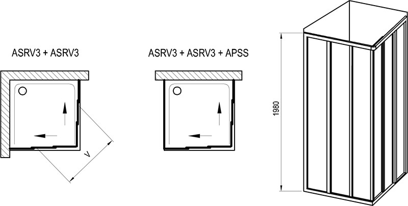 Ravak Supernova ASRV3+ASRV3 zuhanykabin szatén, pearl - műszaki rajz