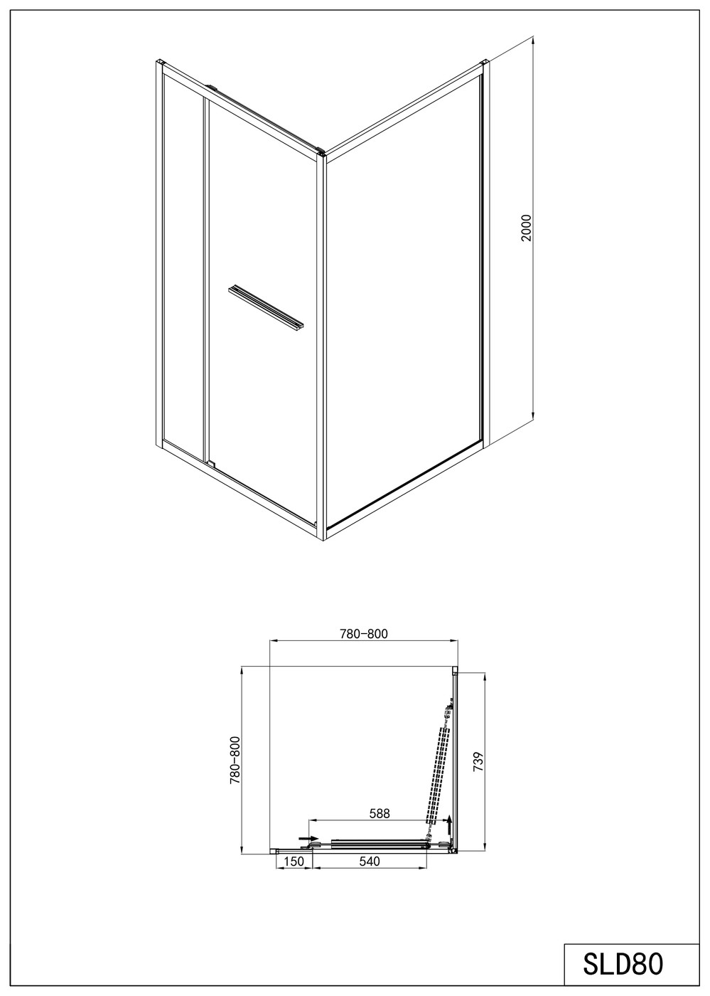 Sanotechnik SANOSLIM sarokkabin toló-forgó ajtóval, 80 cm, króm (SLD80) – műszaki rajz