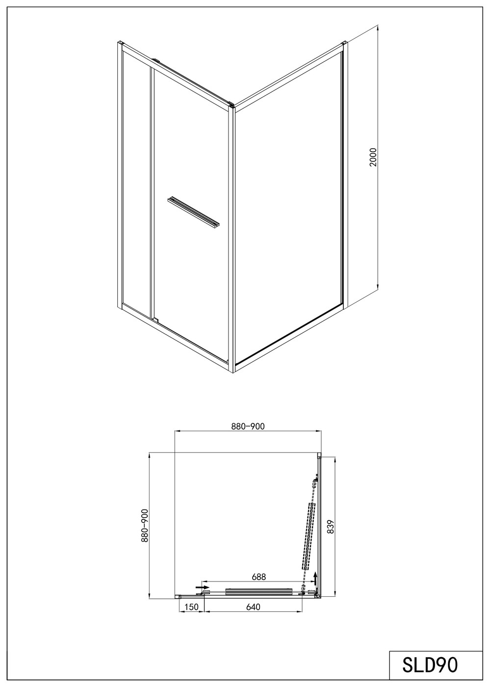 Sanotechnik SANOSLIM sarkokkabin toló-forgó ajtóval, 90 cm, króm (SLD90) – műszaki rajz