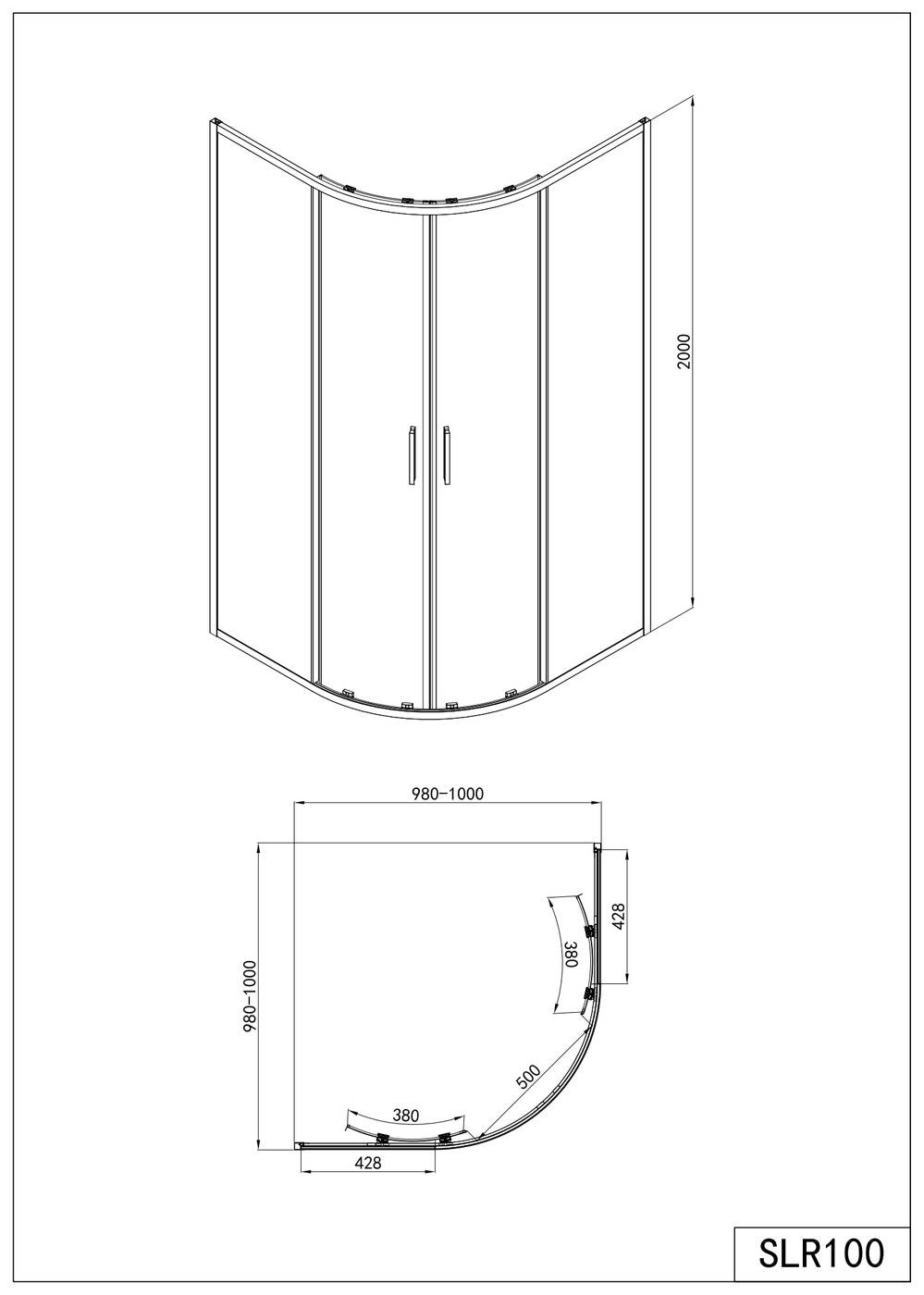 Sanotechnik SANOSLIM íves zuhanykabin, 100 cm, matt fekete (SLR100B) – műszaki rajz