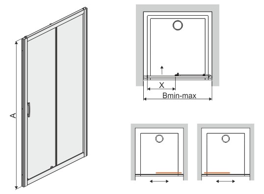 Sanplast D2/TX5b 90x90 tolóajtós zuhanykabin W15 hullámos üveggel (tolóajtós) - műszaki rajz
