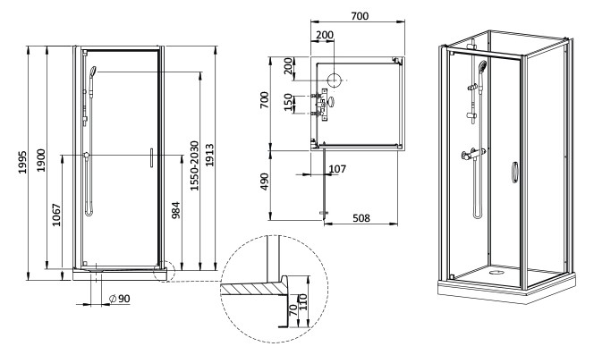 Sanglass kpl-KCDJ/BASIC-M-70-S zuhanykabinszett - műszaki rajz