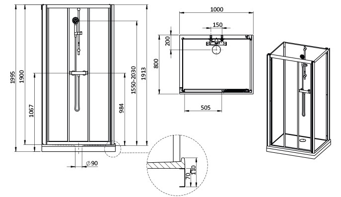 Sanglass kpl-KCDTr/BASIC-M-80x100-S zuhanykabinszett - műszaki rajz