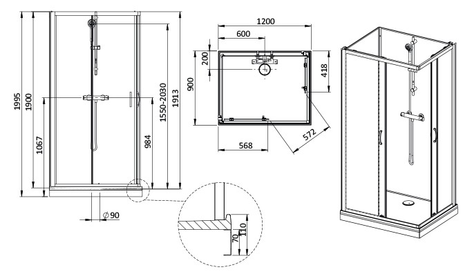 Sanglass kpl-KCKN/BASIC-M-90x120-S zuhanykabinszett - műszaki rajz
