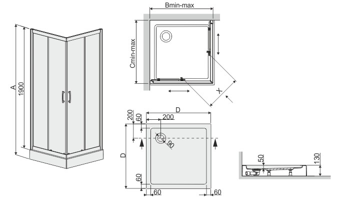 Sanplast KN-kpl-H/TX5b-90 sb W0 (Bza/Free) zuhanykabin szett - műszaki rajz