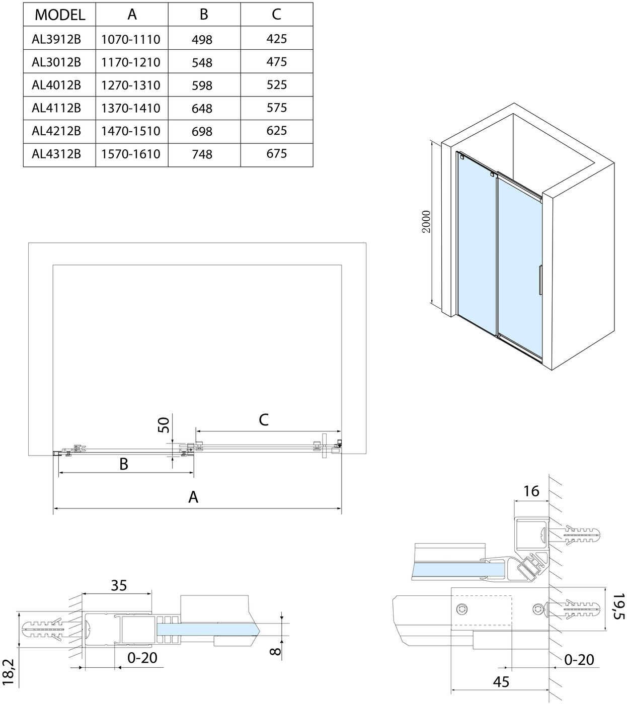 Polysan Altis Line BLACK szögletes zuhanykabin, 1200x800mm, jobbos/balos - műszaki rajz