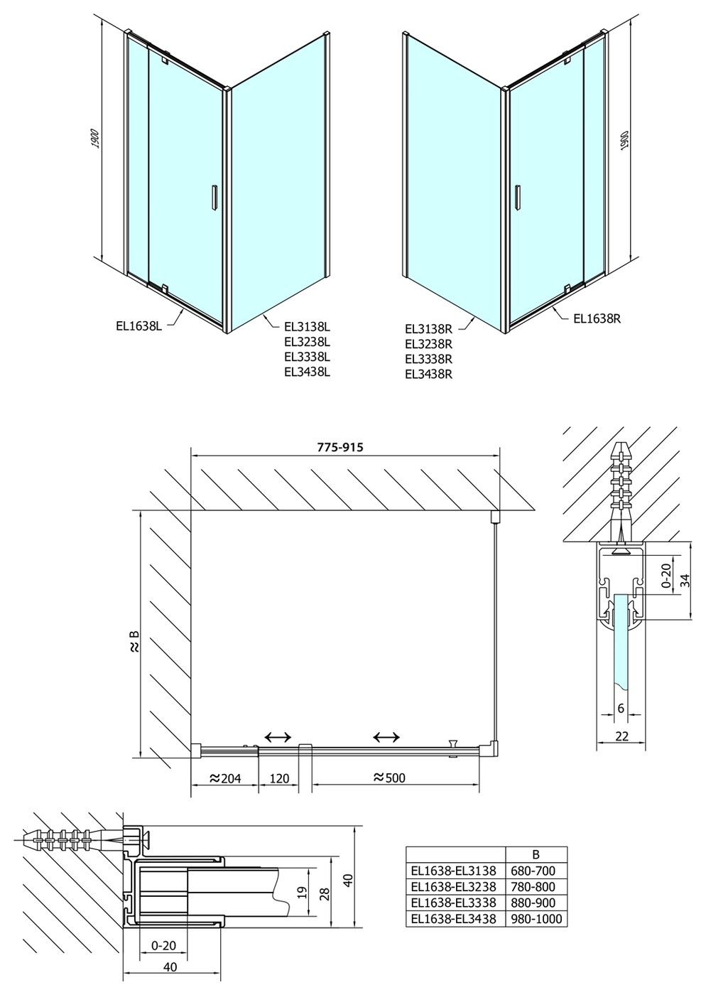 Polysan Easy Line nyílóajtó oldalfallal, 800-900x800mm, BRICK üveg - műszaki rajz