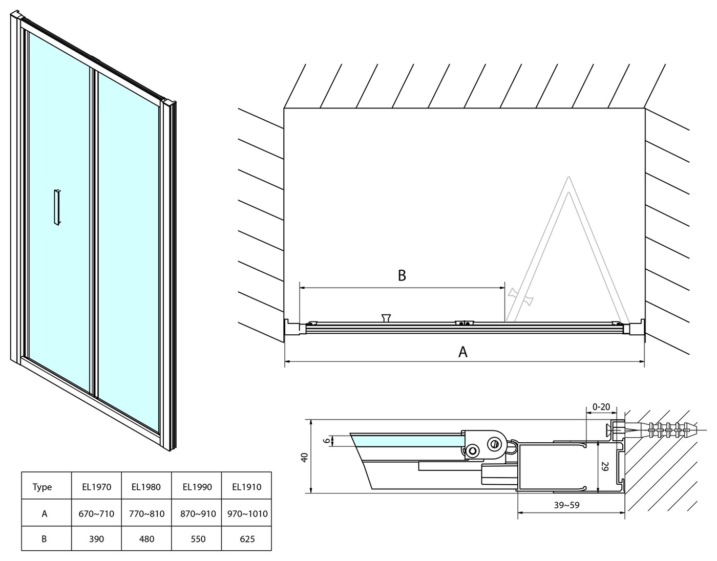 Polysan Easy Line harmonikaajtó oldalfallal, 700x900mm, átlátszó üveg (EL1970EL3315) - műszaki rajz