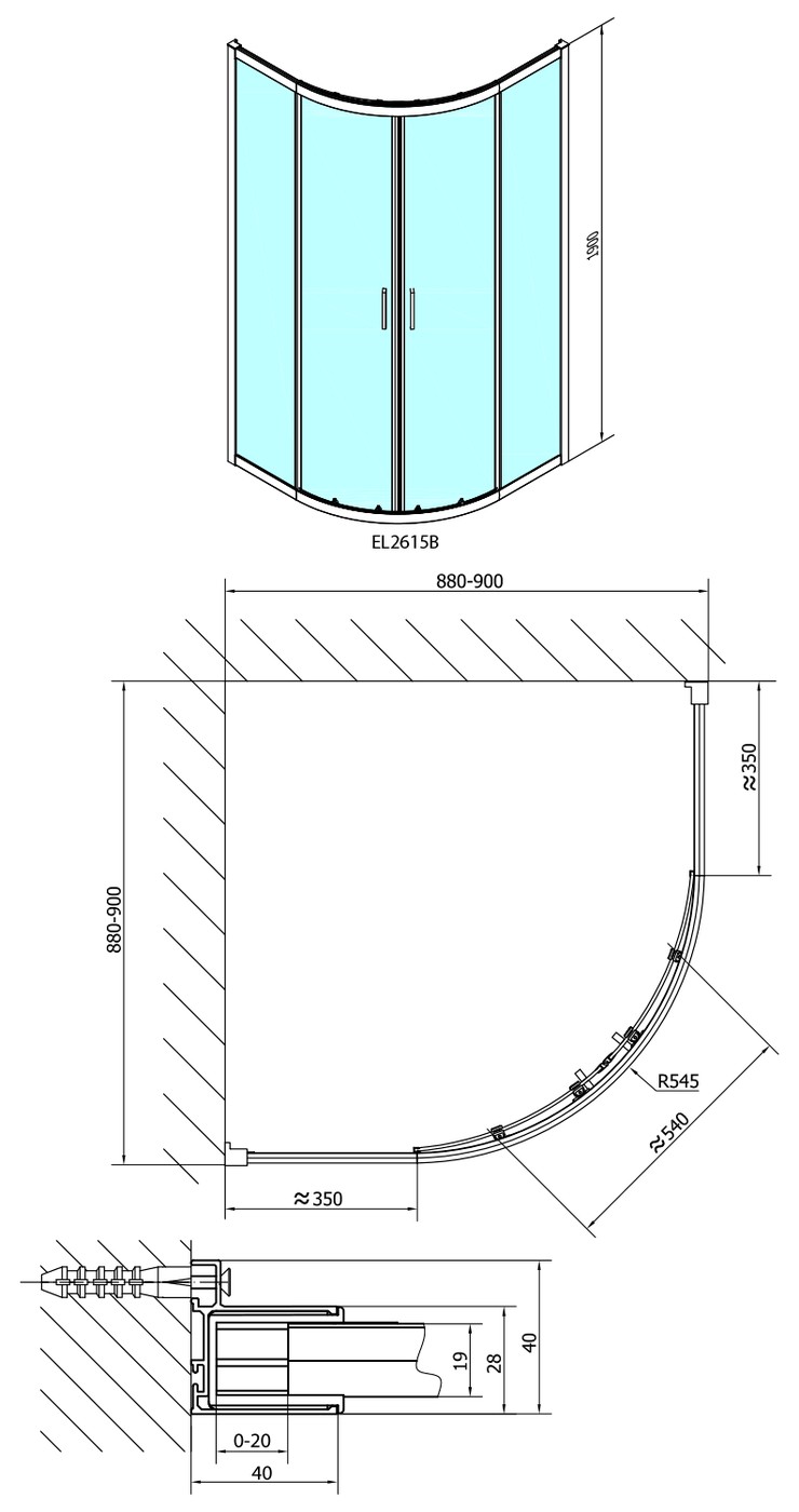 Polysan Easy Line BLACK íves zuhanykabin,900x900mm, matt fekete profil/átlátszó üveg - műszaki rajz