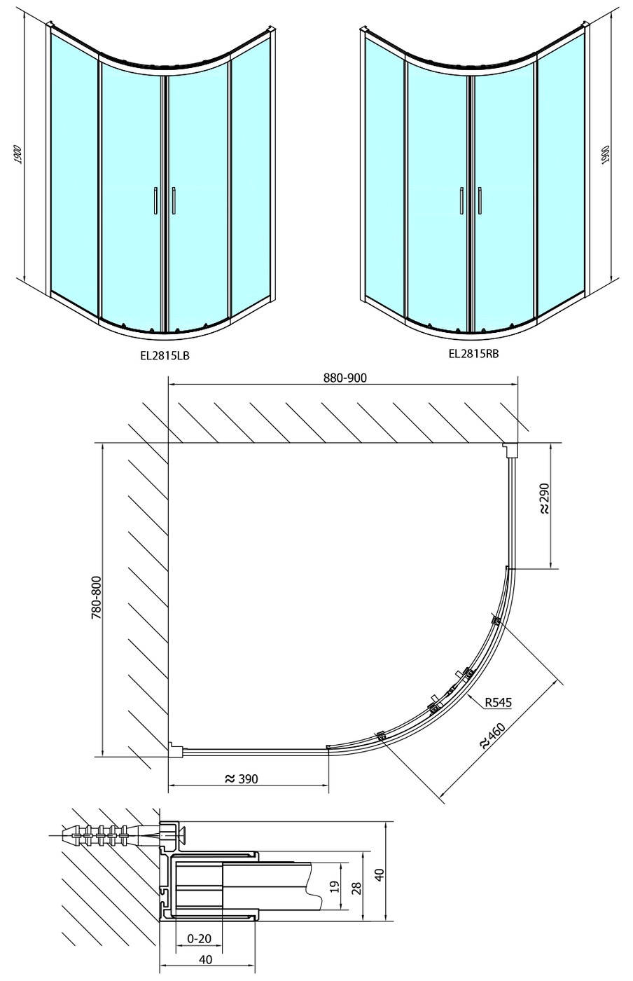 Polysan Easy Line BLACK íves zuhanykabin, 900x800mm, matt fekete profil/átlátszó üveg - műszaki rajz