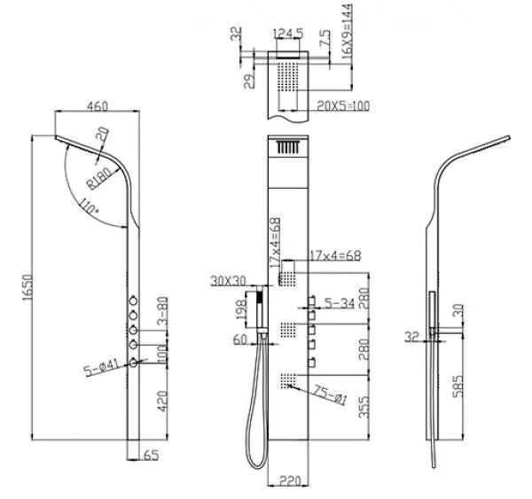 Arezzo design Colorado hidromasszázs zuhanypanel, szálcsiszolt inox - méretrajz (mm)