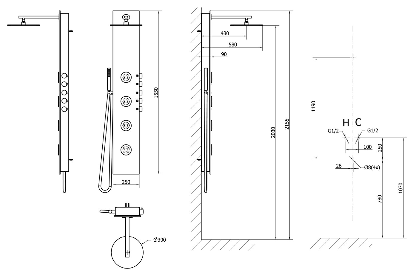 Polysan 5SIDE ROUND zuhanypanel keverő csapteleppel, 250x1550 mm, fehér (80217) - méretrajz és bekötési méretek (mm), h = hideg, c = meleg víz