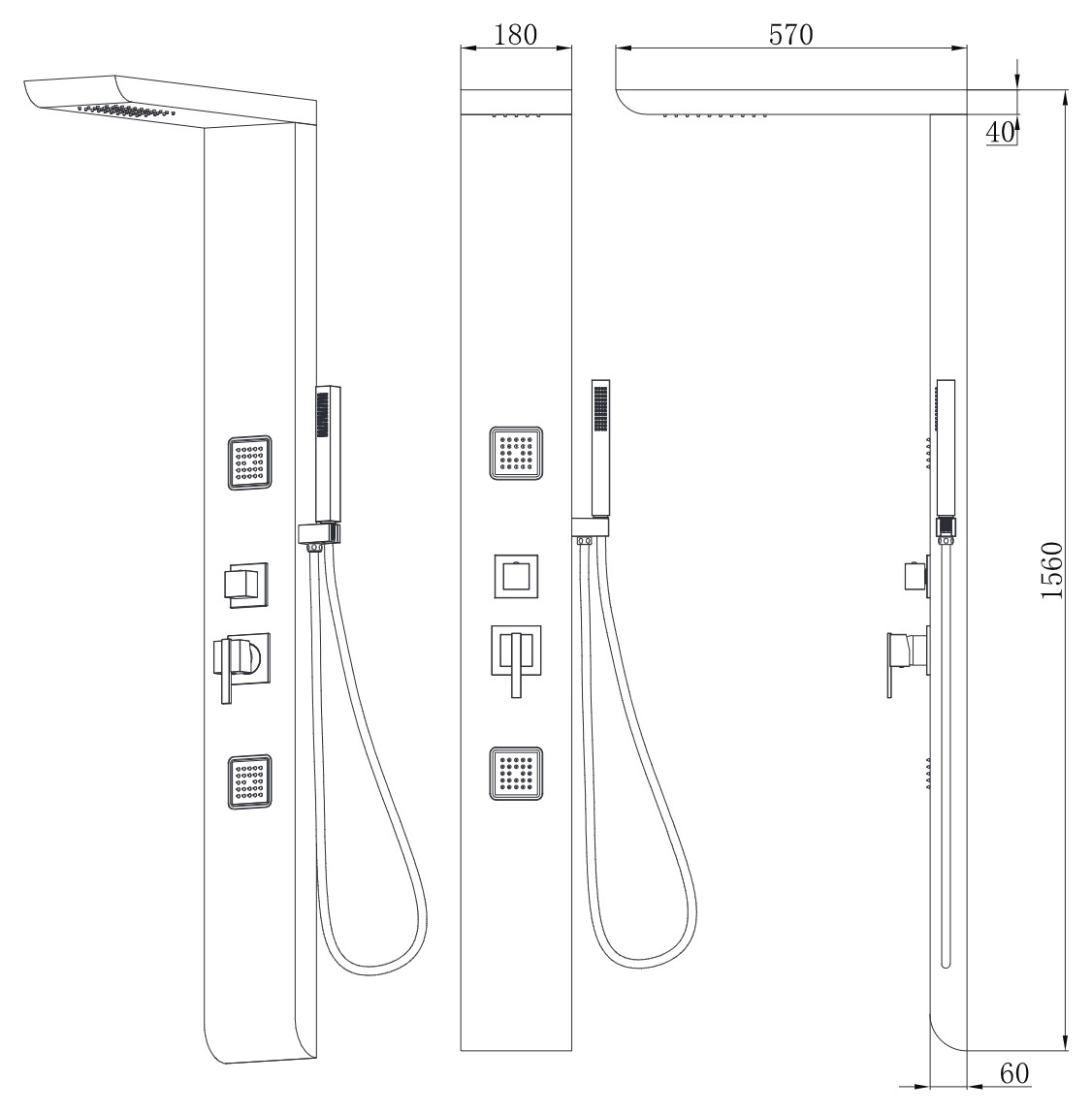 Wellis Lucia sarok hidromasszázs zuhanypanel sarokkonzollal, inox - méretrajz (mm)