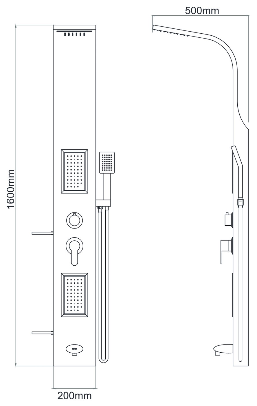 Wellis Napoli egykaros hidromasszázs zuhanypanel kádtöltővel, inox - méretrajz (mm)