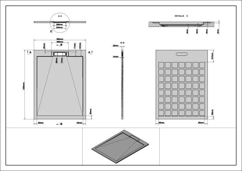 Arezzo design Stone pala hatású öntött márvány zuhanytálca, 120x90 cm-es, beige (2 doboz) – műszaki rajz