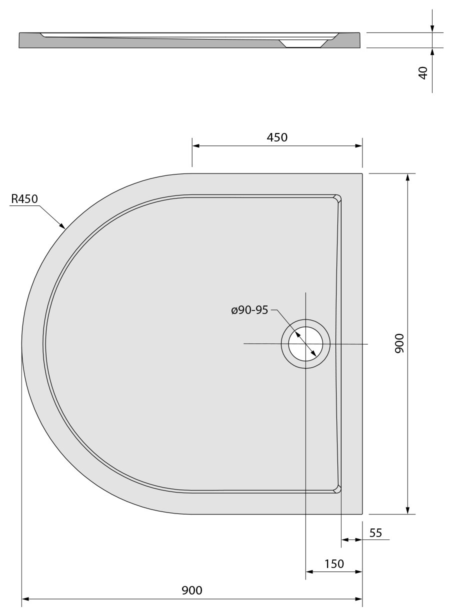 Polysan Isa íves öntött márvány zuhanytálca 90x90 cm – műszaki rajz