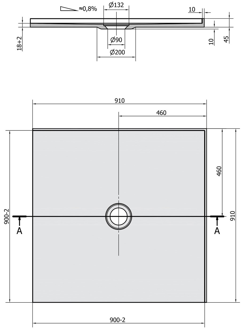 Polysan Mirai öntött márvány zuhanytálca 90x90 cm (73165) – műszaki rajz