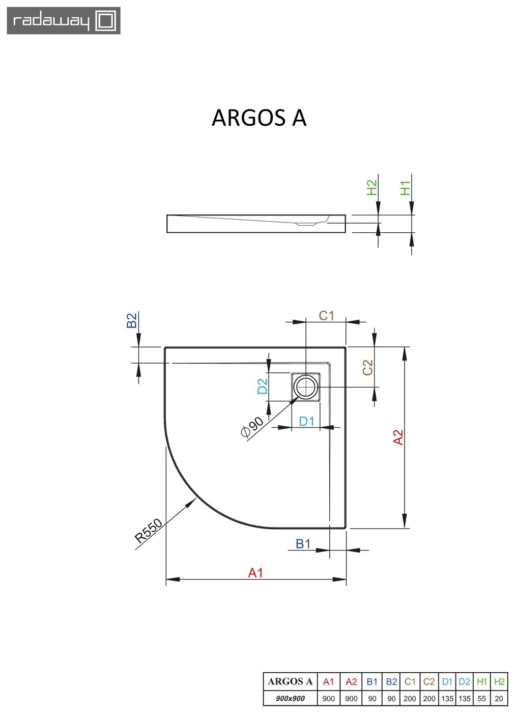 Radaway Argos A íves zuhanytálca – műszaki rajz