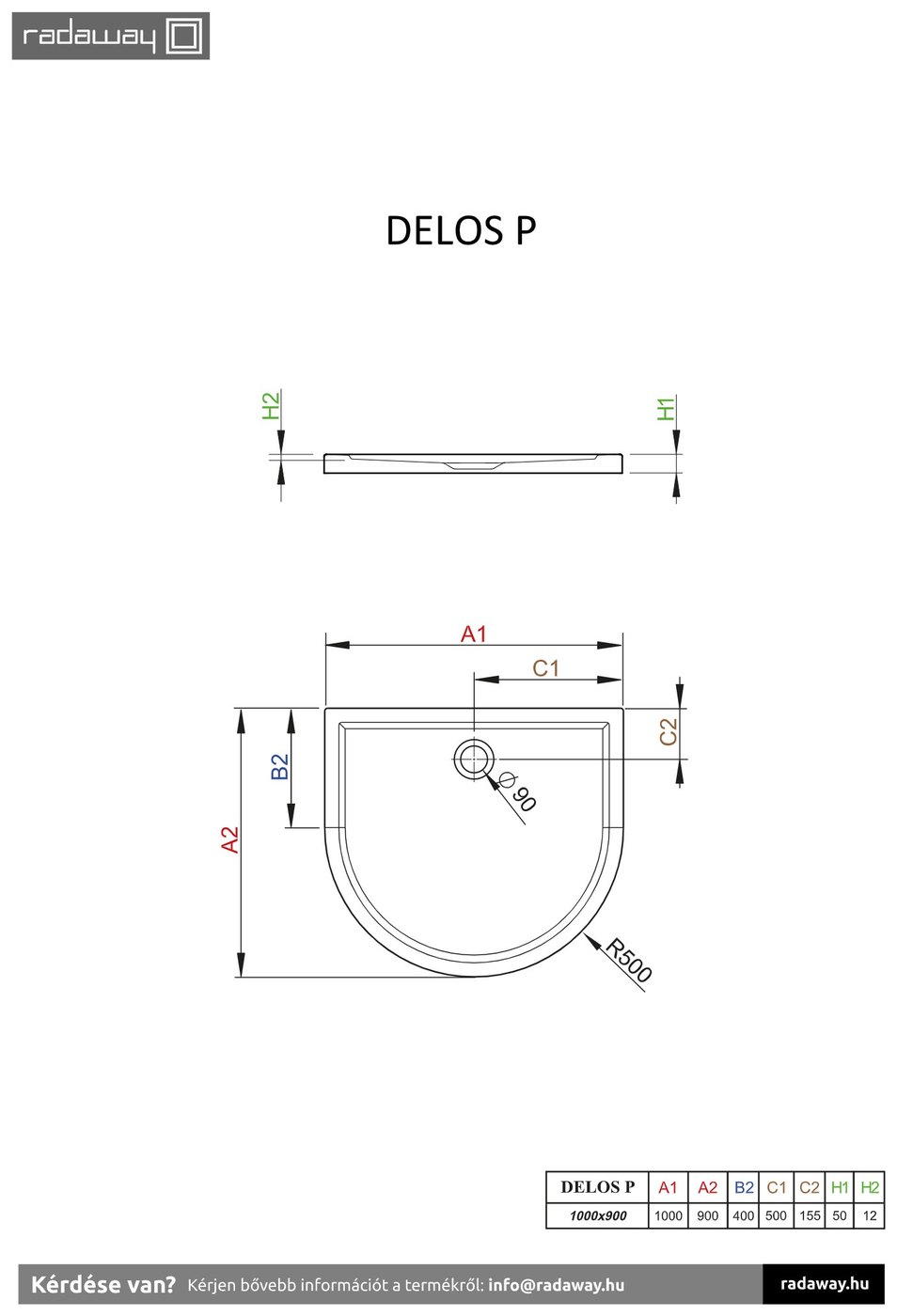Radaway Delos P zuhanytálca lábbal, levehető előlappal 100x90 cm – műszaki rajz