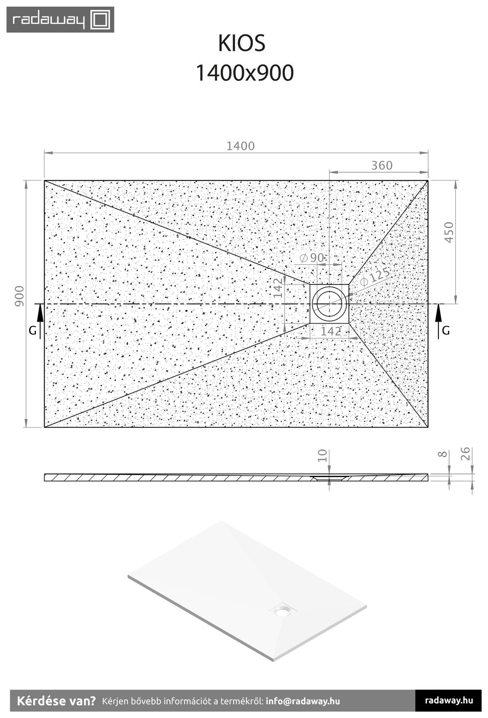 Radaway Kios F szögletes lapos Betonszürke műmárvány zuhanytálca – műszaki rajz