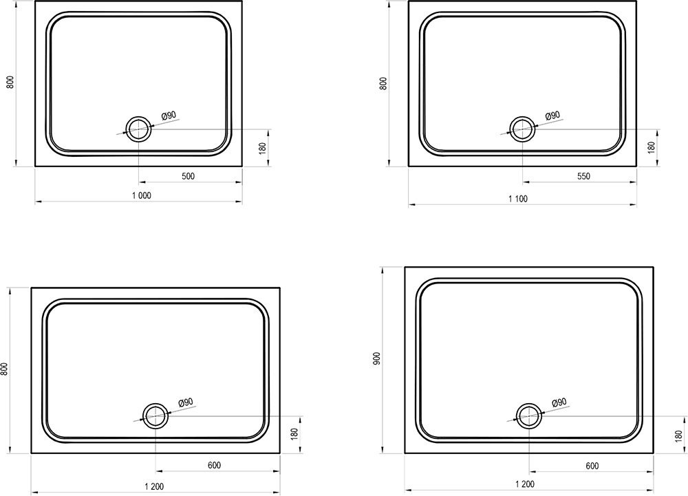 Ravak Gigant Pro Chrome zuhanytálca, előlappal – műszaki rajz