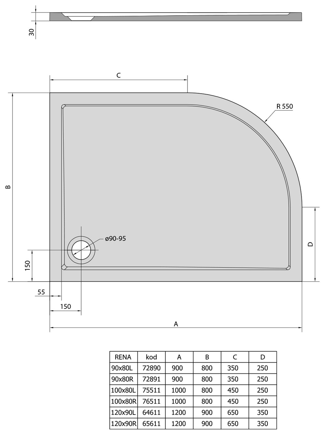 Polysan Rena íves öntött márvány zuhanytálca 90x80 cm, R550, jobbos (72891) – műszaki rajz