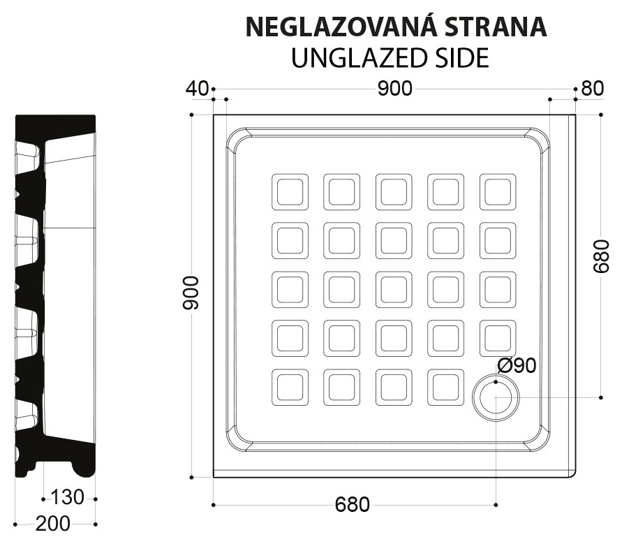 Kerasan Retro szögletes kerámia zuhanytálca 90x90x20 cm (133801) – műszaki rajz
