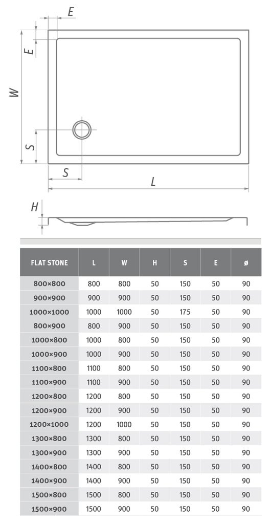Roltechnik Flat Stone akril zuhanytálca 80x80 cm, antracit – műszaki rajz