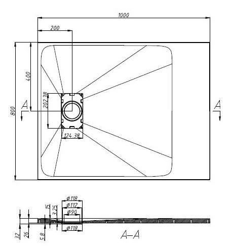 Sanotechnik SMC 80/100 szögletes zuhanytálca, fekete (1080B) – műszaki rajz