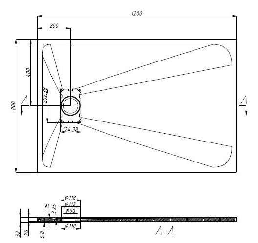 Sanotechnik SMC 80/120 szögletes zuhanytálca, betonszürke (1280G) – műszaki rajz