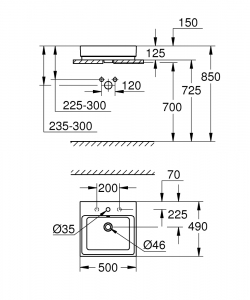 Grohe Cube 50 pultra ültethető mosdó túlfolyóval, 1db nyitott csaplyukkal