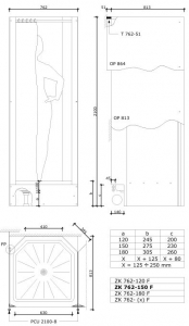 ZK762-180-F Shower cabin with curtain and back wall, including tray _ ZK762-180-F Függönyös hátfalas zuhanykabin, tálcával