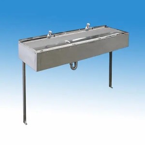 Falra szerelt 2 személyes sorkézmosó, mosdóvályú 1200x360 mm, időzített, nyomógombos csaptelepekkel, kevert vízre
