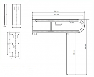 BEMETA HELP Felhajtható kapaszkodó, U-típus, WC papírtartóval, támasztékkal, takaróval, 850mm, polírozott