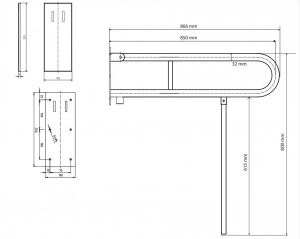 BEMETA HELP Felhajtható kapaszkodó, U-típus támasztékkal, takaróval, 850mm, polírozott