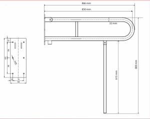 BEMETA HELP Felhajtható kapaszkodó, U-típus támasztékkal, 850mm, polírozott