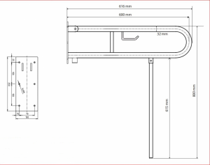 BEMETA HELP Felhajtható kapaszkodó, U-típus, WC papírtartóval, támasztékkal, 600mm, polírozott