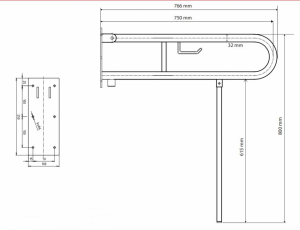 BEMETA HELP Felhajtható kapaszkodó, U-típus, WC papírtartóval, támasztékkal, 750mm, matt