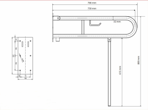 BEMETA HELP Felhajtható kapaszkodó, U-típus, WC papírtartóval, támasztékkal, 750mm, polírozott
