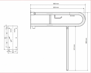 BEMETA HELP Felhajtható kapaszkodó, U-típus, WC papírtartóval, támasztékkal, 850mm, matt