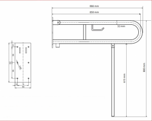 BEMETA HELP Felhajtható kapaszkodó, U-típus, WC papírtartóval, támasztékkal, 850mm, polírozott
