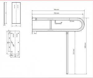 BEMETA HELP Felhajtható kapaszkodó, U-típus, WC papírtartóval, támasztékkal, takaróval, 750mm, matt